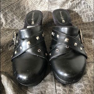 AE faux leather studded moto clogs 8.5M black.